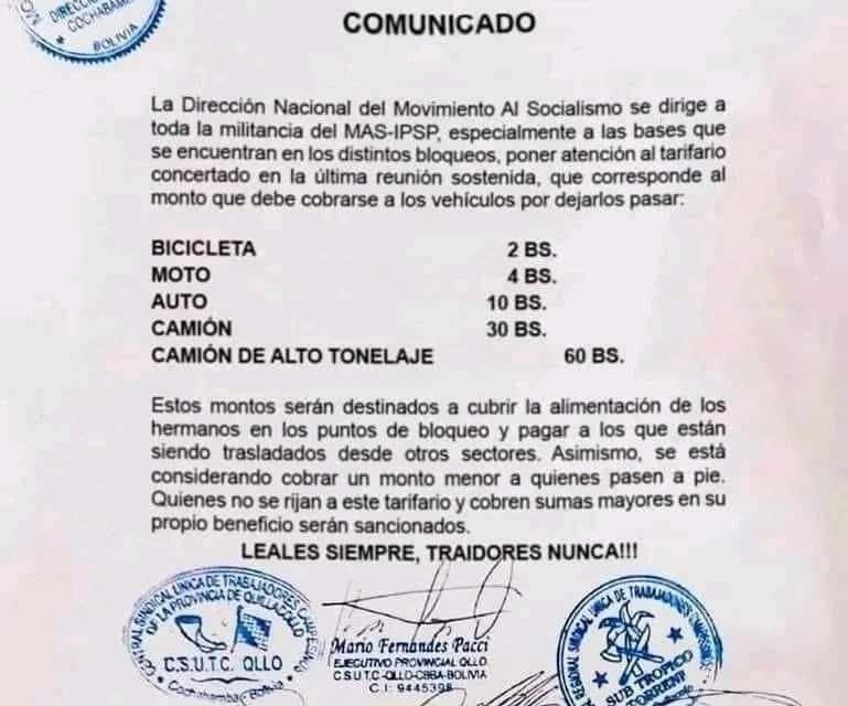 INSTRUYEN COBRAR HASTA 60 Bs. EN PUNTOS DE BLOQUEOS