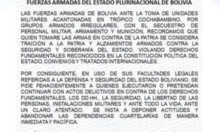 INSTAN A ABANDONAR CUARTELES DE MANERA PACÍFICA A QUIENES LOS TIENEN TOMADOS