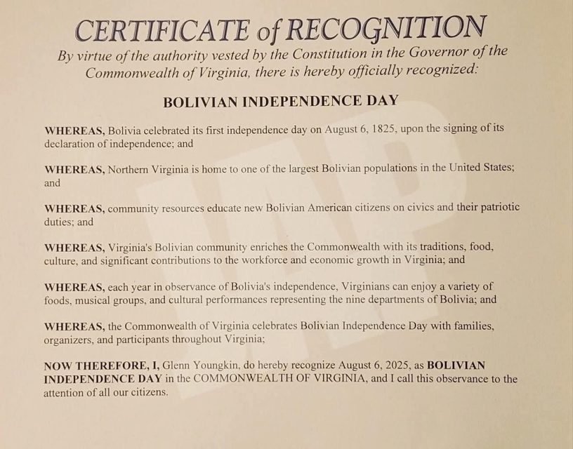 VIRGINIA DECLARA EL 6 DE AGOSTO COMO DÍA DE LA INDEPENDENCIA DE BOLIVIA